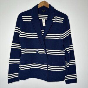 Talbots Knit Sweater Blazer Size L Stripe Navy Blue Double Breasted